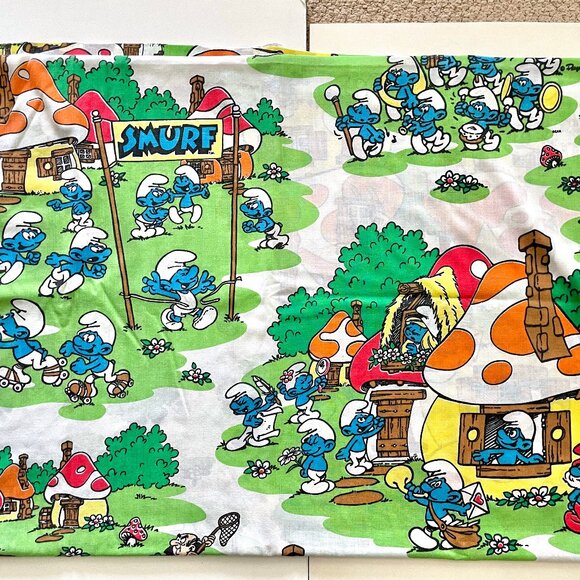 Vintage 1980s Smurf Sheet Set w Fitted Bottom + Flat Top + Pillowcase Peyo Retro - Picture 8 of 14